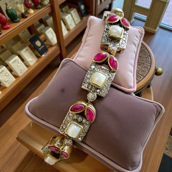 Vintage Mughal Revival Bracelet, Natural Ruby Pearl Diamond Gold Vermeil, Indian - Picture 11 of 11